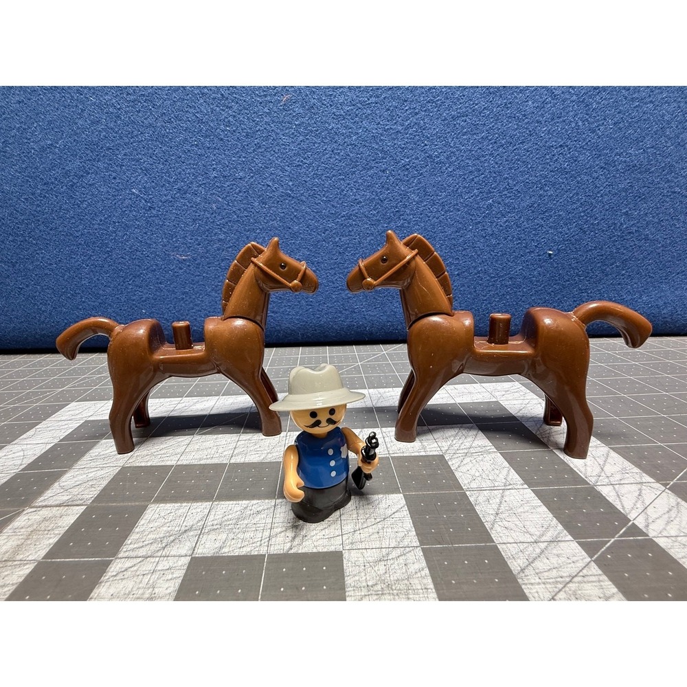 2‎ Playmobil Horse Brown with Rider Blue Shirt Gray Hat